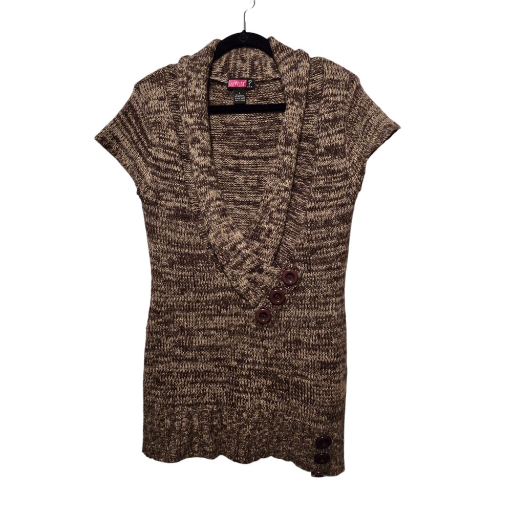 Vtg Y2k Say What‎ Womens Sweater LG Brown Buttons Shawl Collar 90's Cap Sleeve